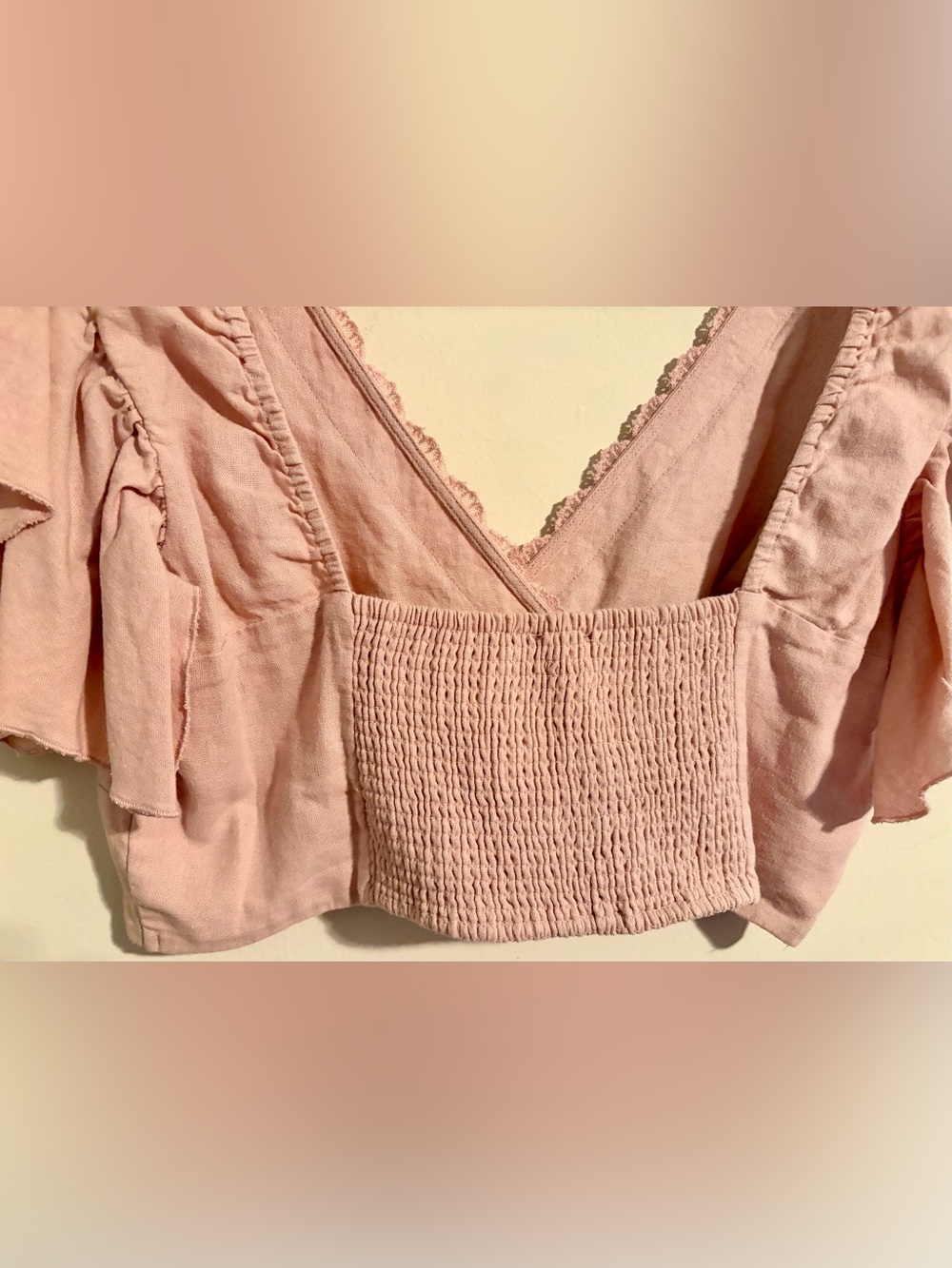Womens Sz Large Love Tree Dusty Pink Lace V-Neck Cap Sleeve Smocked Cropped Top - Picture 9 of 11